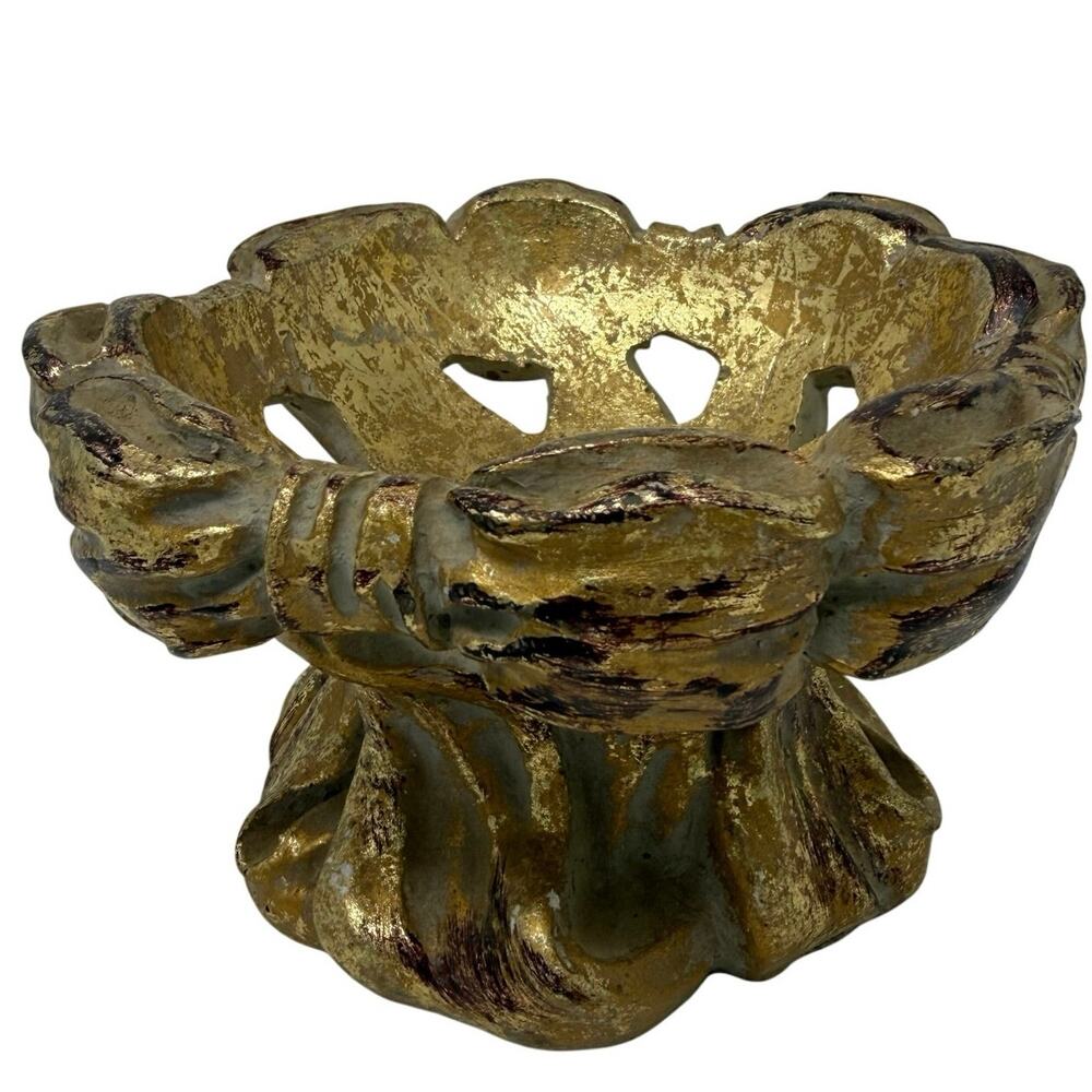 Vintage 90s Ceramic Bow Design Candle Holder Bowl Gold Rustic Key Dish